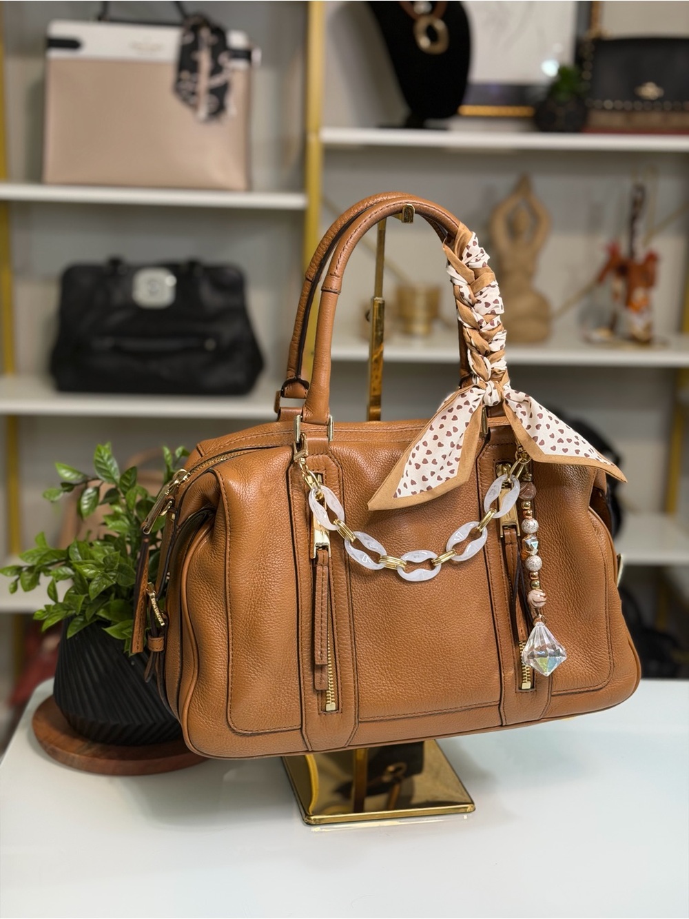 Michael Kors Julia Pebbled Leather Satchel with Scarf Accent